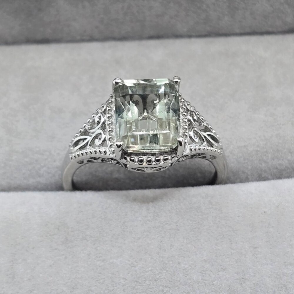 Prasiolite Solitaire ✦ 3.40 CT Octagon Green Quartz Ring ✦ S925 Platinum Size 9